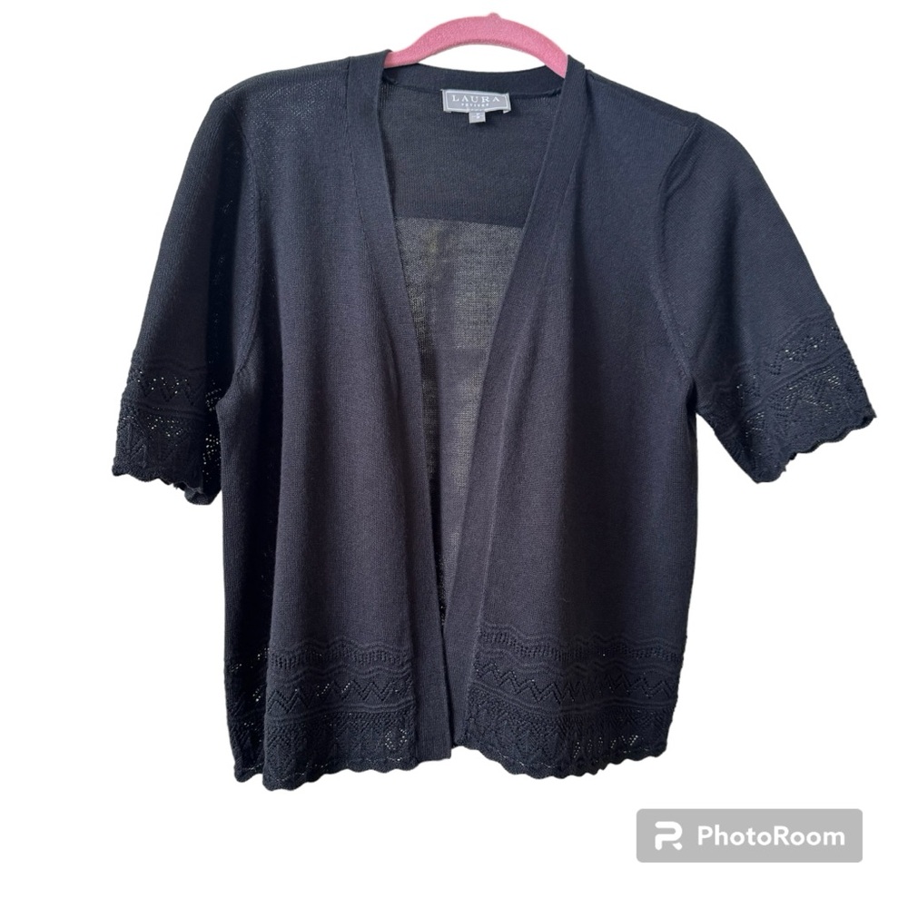 Laura Petite Black Short Sleeve Open Front Shrug Sweater Cardigan Size Small